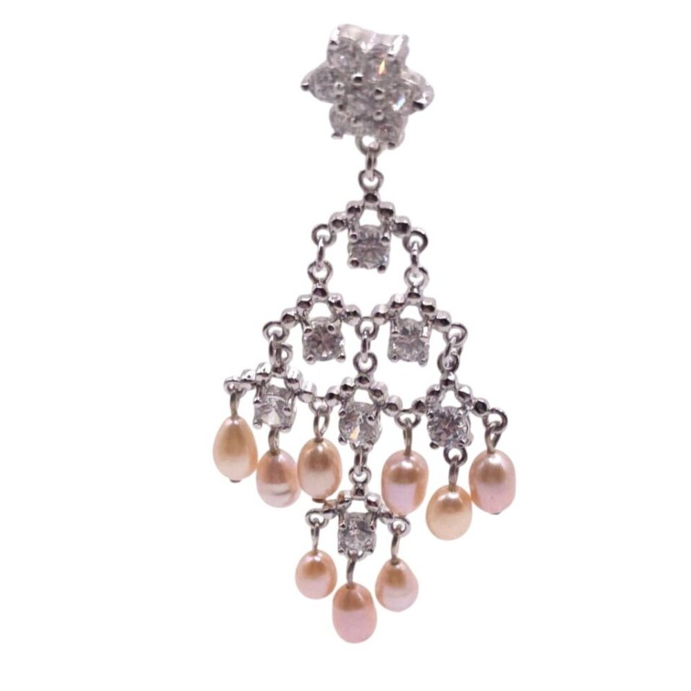 Silver Chandelier Earrings With Pink Pearl Drops & Rhinestone Accents For Women - Picture 4 of 8